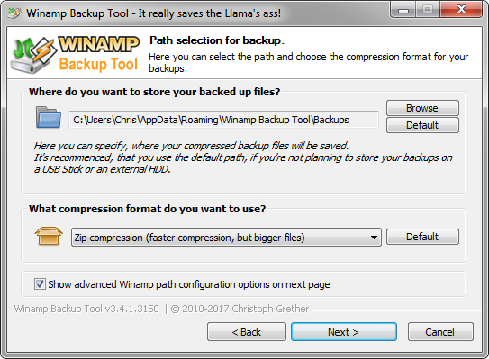 Winamp Backup Tool - Backup Path Page