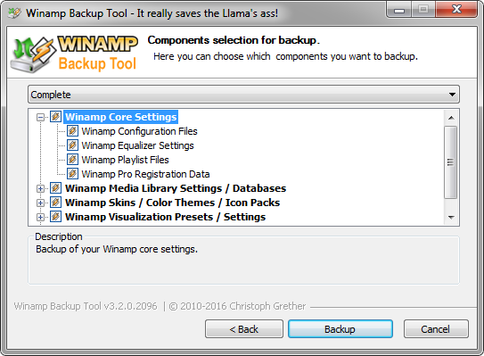 Winamp Backup Tool- Custom Mode Page