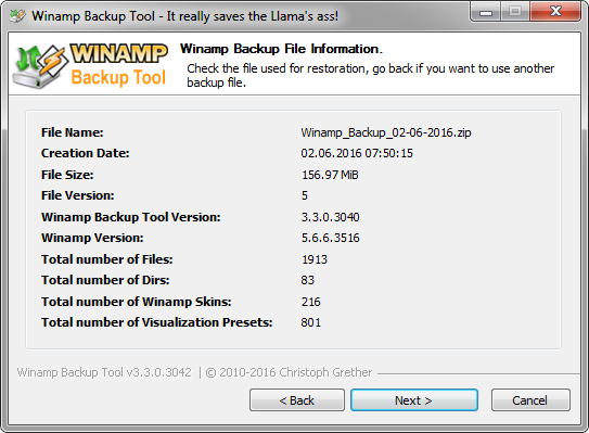 Winamp Backup Tool - File Info Page
