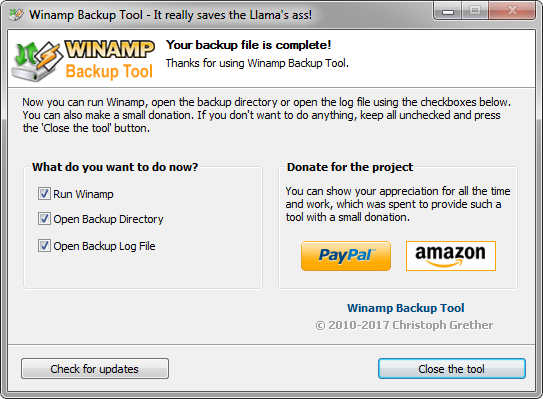 Winamp Backup Tool- Finish Page