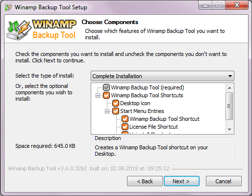 Winamp Backup Tool Installer - Components Page