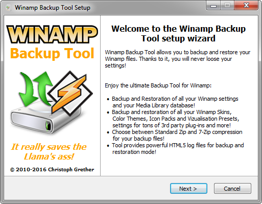 Winamp Backup Tool Installer - Welcome Page