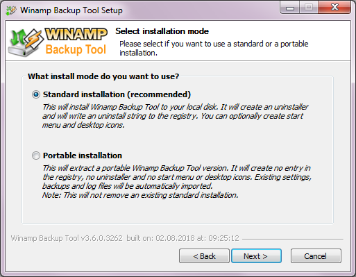 Winamp Backup Tool Installer - Mode Page