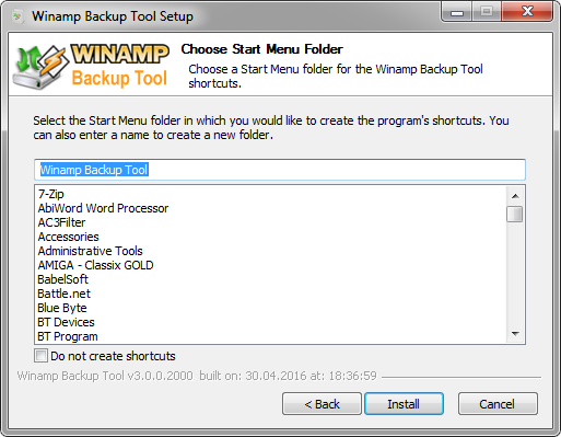 Winamp Backup Tool Installer- Startmenu Page