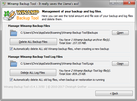 Winamp Backup Tool - Manage Page