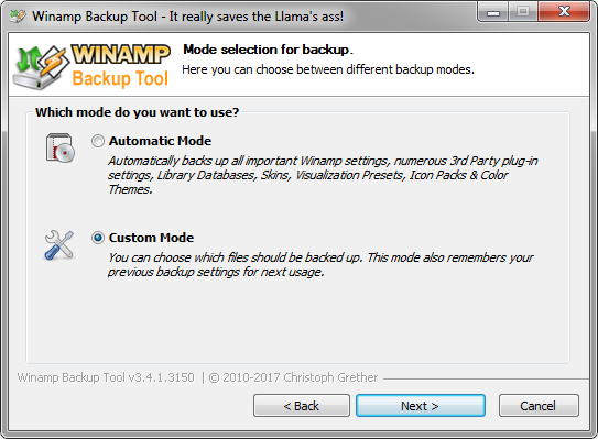 Winamp Backup Tool - Mode Page