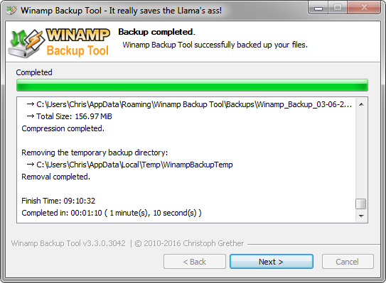 Winamp Backup Tool - Progress Page