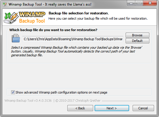 Winamp Backup Tool - Restore Path Page