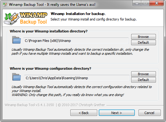 Winamp Backup Tool - Winamp Path Page