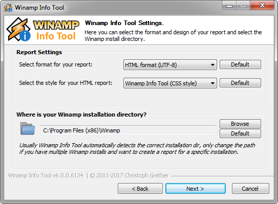 Winamp Info Tool - Settings Page